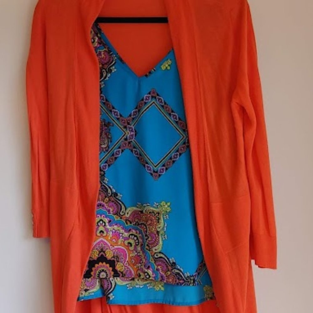 Premise Studio Womens Open Front Sweater 3/4 Long Sleeve Size L Orange Mid-Thigh